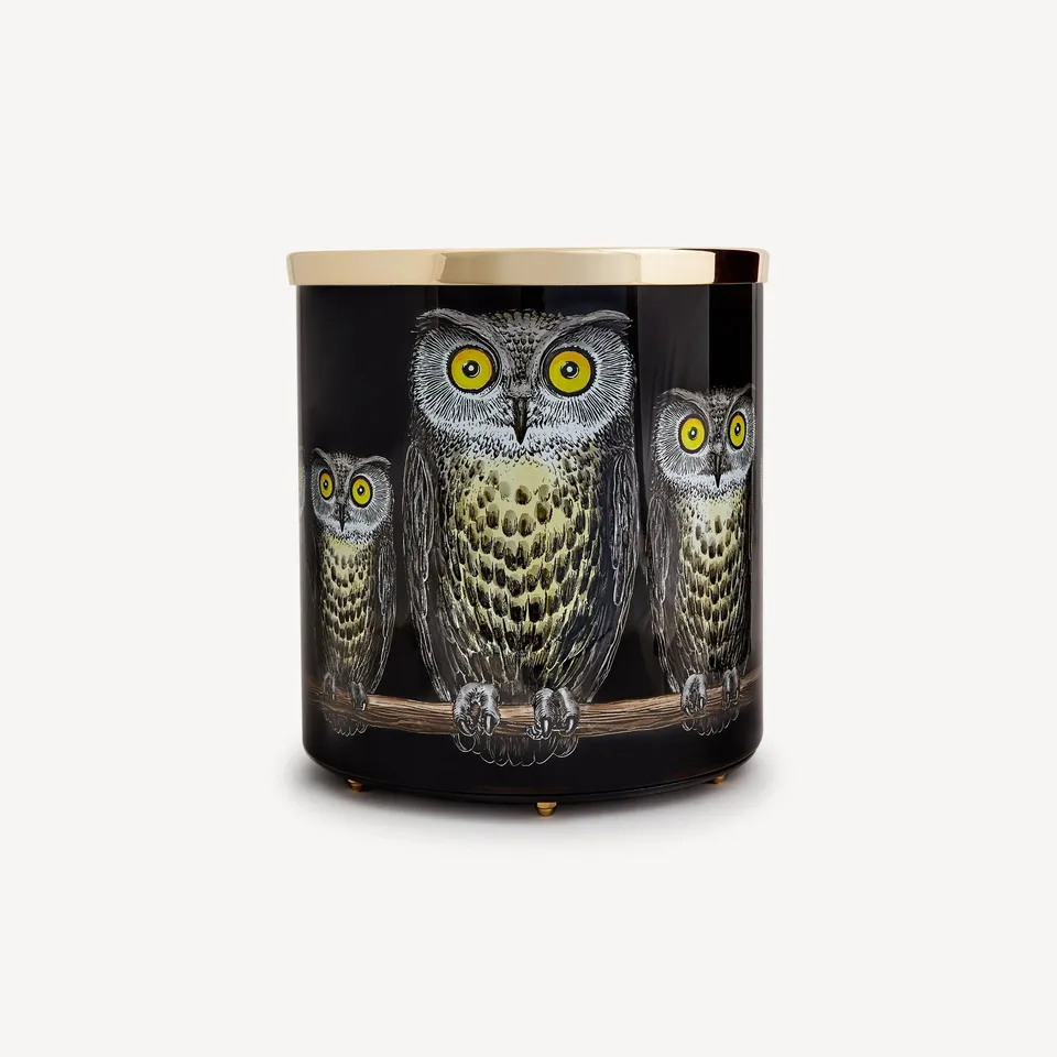 atelier-fornasetti-papierkorb-civette-eulen-metall-messingrand image 1