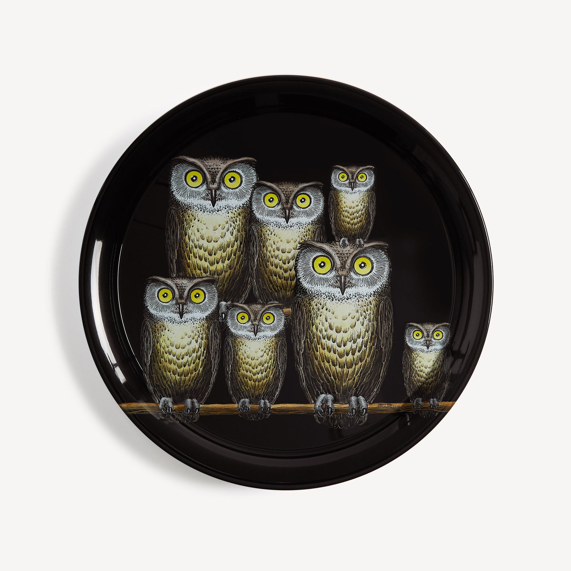 atelier-fornasetti-civette-tablett-eulen-motiv-rund-lackiert image 1